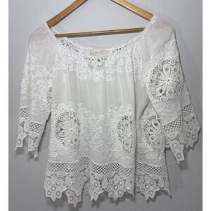 Boho White Eyelet Lace Peasant Top by Casting Made in France Size1 (US Small)